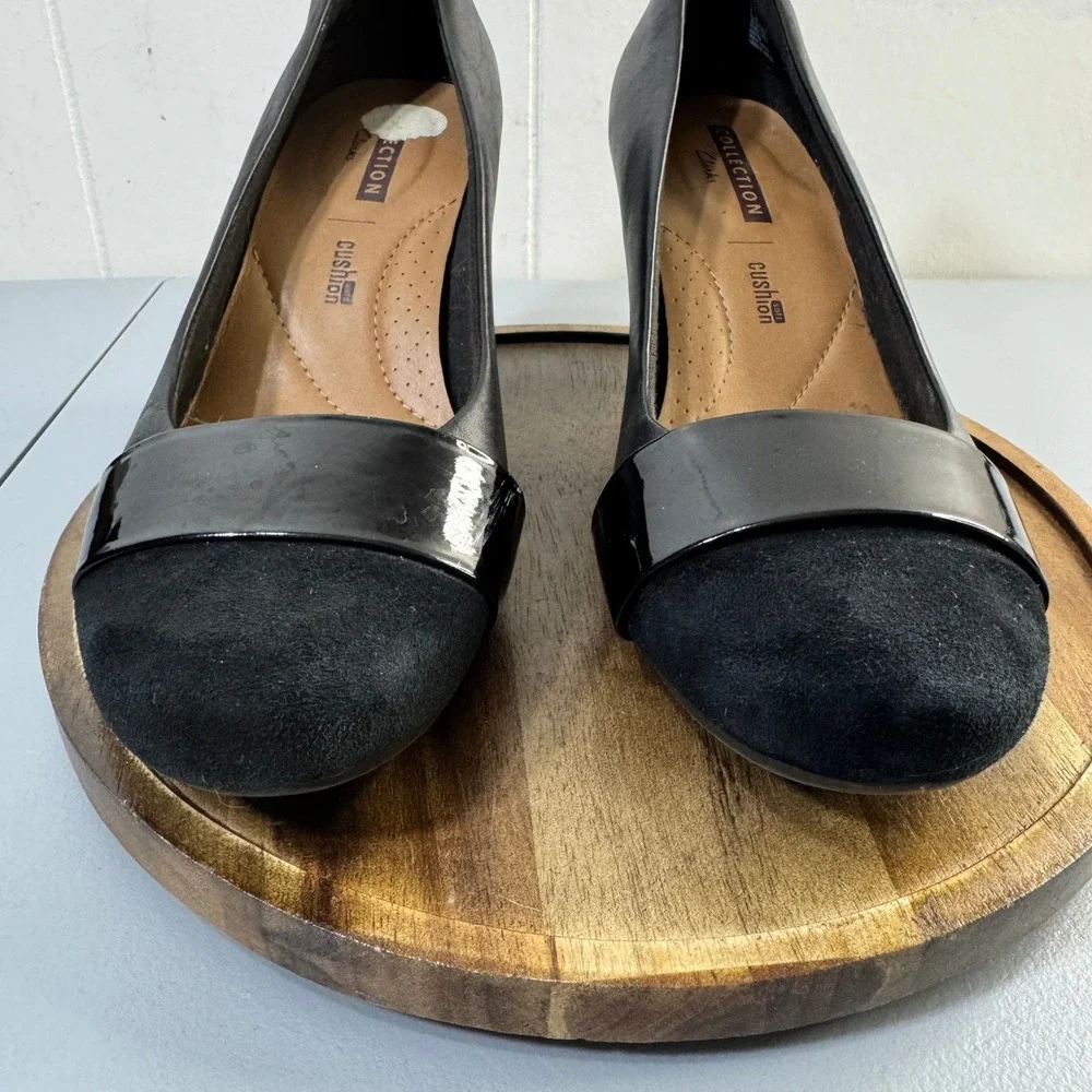 Clarks Collection Womens Black Leather Suede Block Heel Pumps Shoes US 8